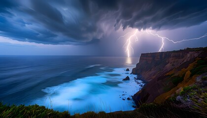 Lightning Over a Coastal Cliff