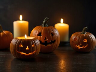 Halloween decorations with pumpkins and candles.