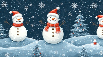 Fototapeta premium Whimsical snowmen in a snowy winter landscape