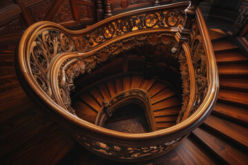 Fototapeta premium A spiral staircase with a carved wooden railing