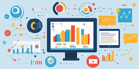 Modern data visualization and analytics with colorful infographics on screen.