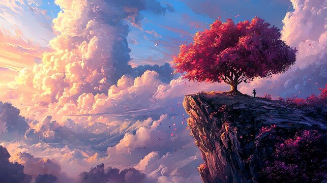Vibrant landscape with pink tree, colorful sky, and clouds.