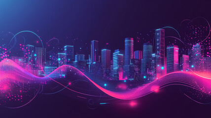  illustration of a smart city integrated with abstract dot points connected by gradient lines, symbolizing a network of big data connections. 