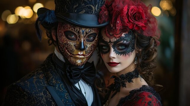 A Halloween-themed masquerade ball with guests wearing elegant eerie masks and gothic attire
