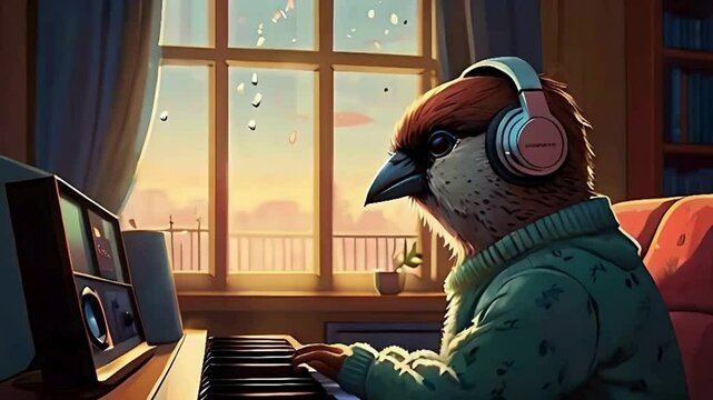 Lo-fi Sparrow Enjoying Music at Sunset &ndash; Calming and Cozy Vibes