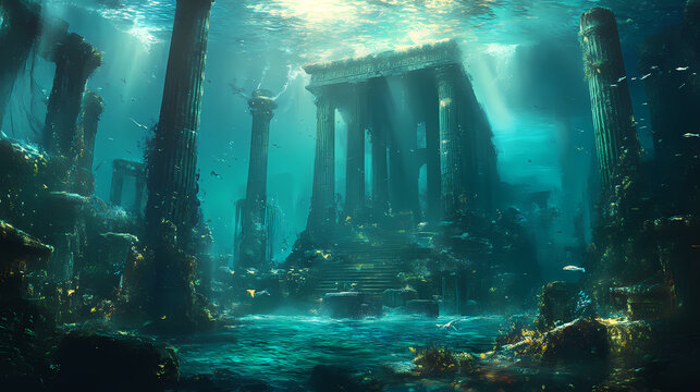 Amazing underwater hidden city atlantis with portals and columns, gods realm, fantasy background. Lost City. Illustration