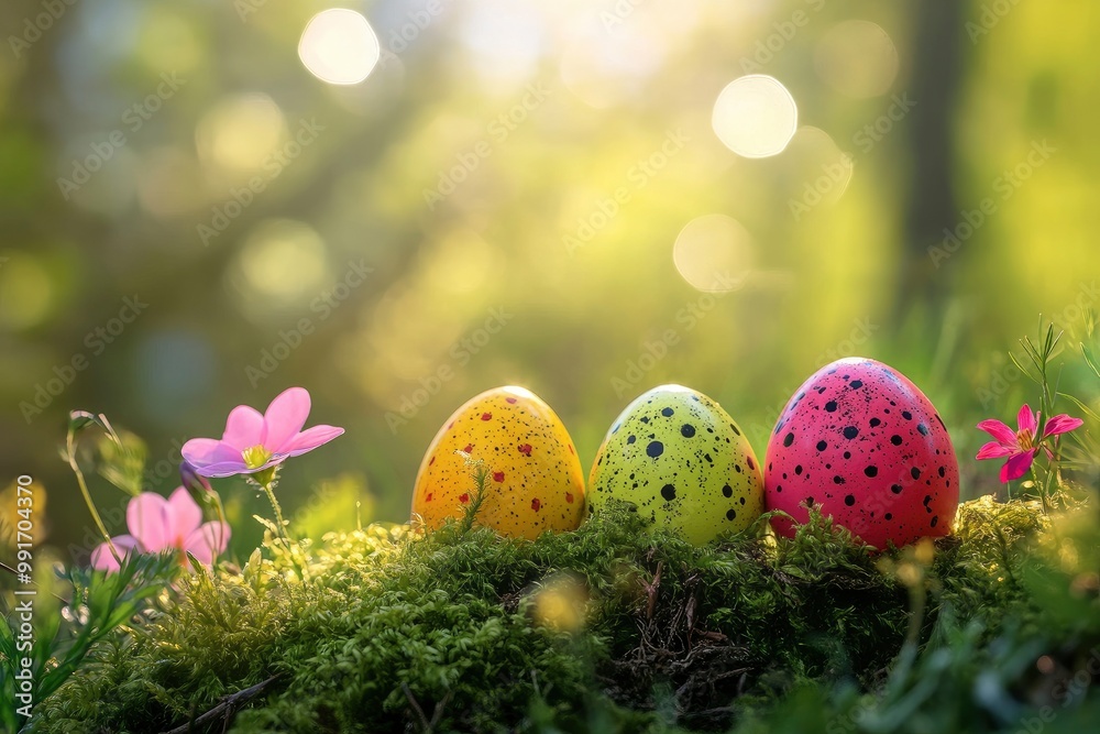 Wall mural Colorful easter eggs on green moss background with bokeh. Colorful easter eggs on green moss with pink spring flowers in the forest. geneative ai