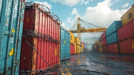 Barbed wire surrounding shipping containers, trade restriction, economic sanctions on global commerce, photorealistic