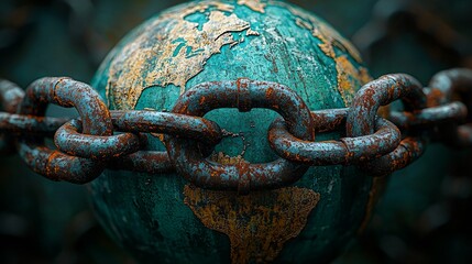 A globe encased in chains and padlocks, blocking free trade between countries, locked global economy, international restriction concept, photorealistic