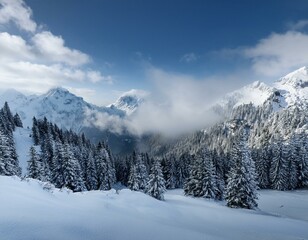 A stunning winter mountain landscape showcasing icy peaks, lush coniferous woods, and a misty atmosphere. Ideal for topics focused on nature, discovery, and outdoor escapades