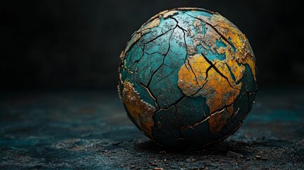 A cracked globe with trading routes broken, symbolizing a disrupted global economy, broken trade links, international conflict, photorealistic