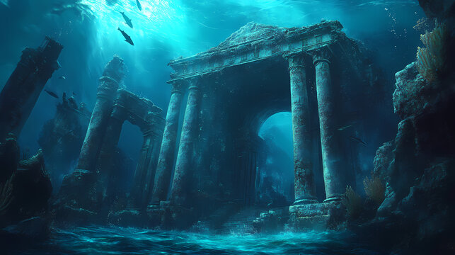 Amazing underwater hidden city atlantis with portals and columns, gods realm, fantasy background. Lost City. Illustration