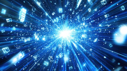 Obraz premium Vibrant blue beams of light traveling dynamically through a holographic background filled with modern technology symbols.