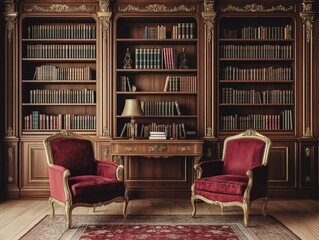 Traditional Library with Red Velvet Armchairs