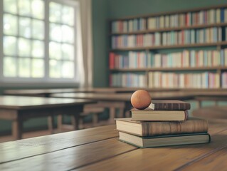 Sunlit Library with Books Stacked on Table