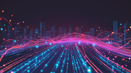  illustration of a smart city integrated with abstract dot points connected by gradient lines, symbolizing a network of big data connections. 