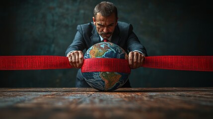 A businessman struggling to pull a globe out from under a heavy red tape, symbolizing the weight of bureaucratic trade policies, photorealistic