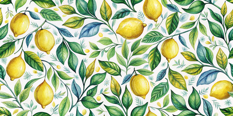 Obraz premium A seamless herbal pattern featuring yellow lemons, green leaves, and white flowers on a light background. It has a fresh and botanical aesthetic.