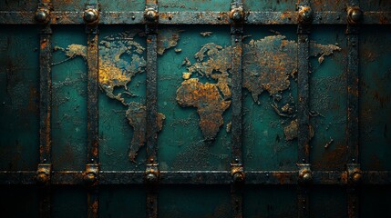 A world map where continents are locked behind iron gates, representing closed economies and international isolation, photorealistic