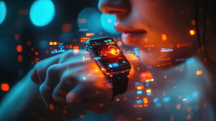 Close-up of a person holding a sleek smartwatch with a futuristic digital interface and glowing holographic display