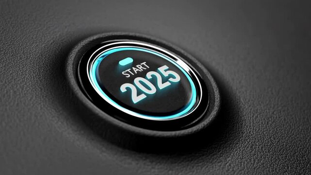 start new year 2025 concept.Finger about to press a car ignition button with the text 2025 start.concept happy new year 2025,start,strategy,win,plan,goal,go,power,new life and objective target