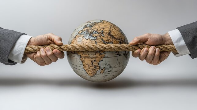 Trade negotiations turned into a tug-of-war with both sides pulling on a globe, symbolizing global economic tensions, photorealistic
