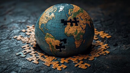 A globe split into puzzle pieces with half missing, symbolizing the disintegration of global trade relations, photorealistic