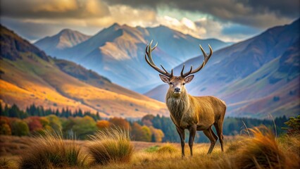 nature, wilderness,majestic, autumn, landscape, deer stag, panoramic, Majestic red deer stag standing in a picturesque autumn fall landscape with mountains in the background