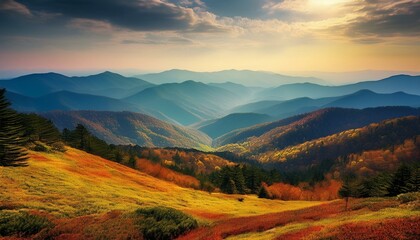 Fototapeta premium Beautiful scenery depicting the blue ridge mountains with rolling hills and breathtaking valleys. Photography ideas, blue ridge range, picturesque views, rolling hilly areas, valleys