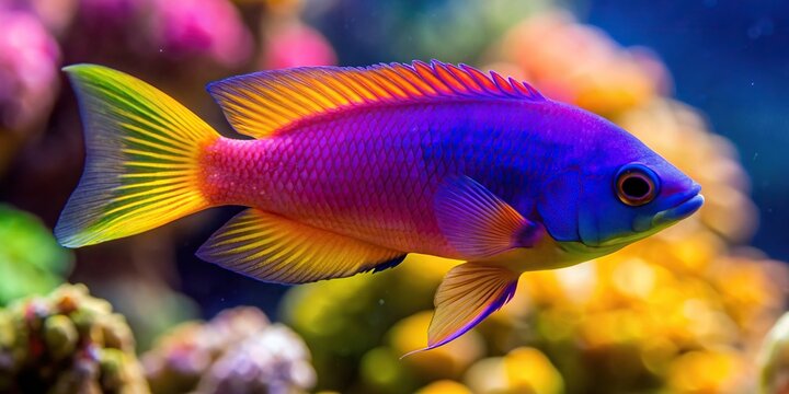 A close up photograph of a royal dottyback fish Pictichromis paccagnellorum showcasing its vibrant colors and unique tilted angle, royal dottyback, close-up, oceanic, animal