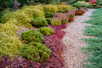 A beautiful garden that is vibrant and filled with a wide variety of different types of plants,...