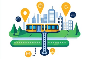 Obraz premium Illustration of a train with a city background and location markers.