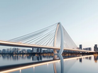 Obraz premium Cable-stayed bridge with a unique asymmetrical tower design, connecting two bustling cities, cable-stayed bridge, urban innovation