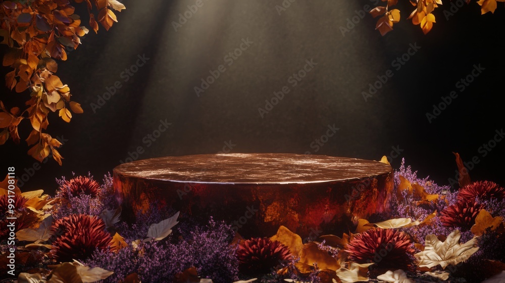 Aufkleber in a serene forest setting, a round wooden pedestal stands illuminated by soft, warm light. it is su