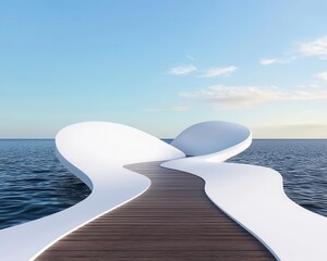 Obraz premium Floating pedestrian bridge with an undulating wave form, connecting island communities, floating wave bridge, fluid design