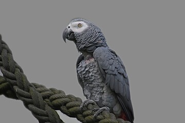 gray parrot sits on a thick rope on a gray background