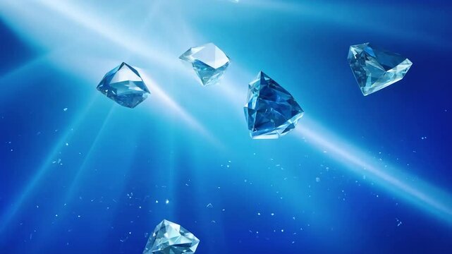 Several blue diamonds glisten against a deep blue background, catching light and creating a mystical allure in a tranquil environment