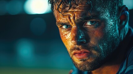 Close-up portrait of a determined rugby player with intense gaze and sweat on face experiencing the high-energy impact of the game