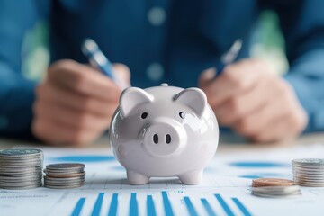 Piggy bank on financial charts with coins, financial planning concept