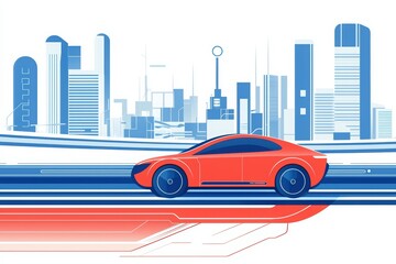 Red car driving through a futuristic cityscape with modern buildings.