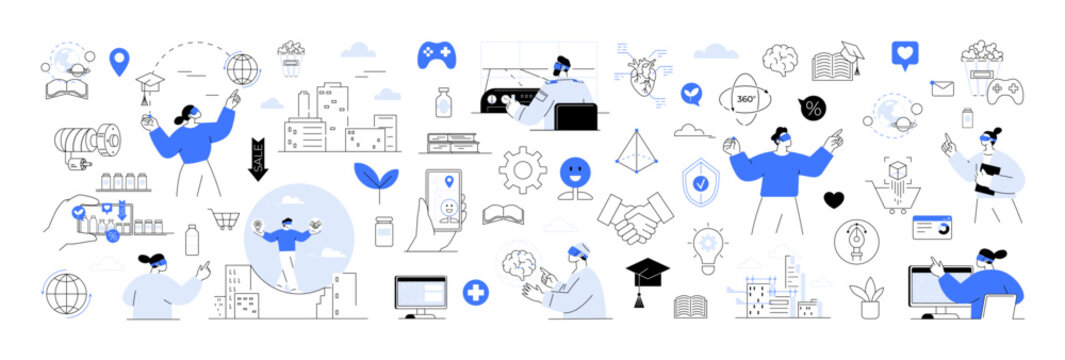 AR gaming, VR training, and smart technology. Features virtual interfaces, modern icons, and human figures interacting with digital environments. Mixed reality and virtual reality glasses