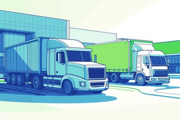 Fototapeta premium Two delivery trucks parked outside modern warehouse, colorful graphic design.