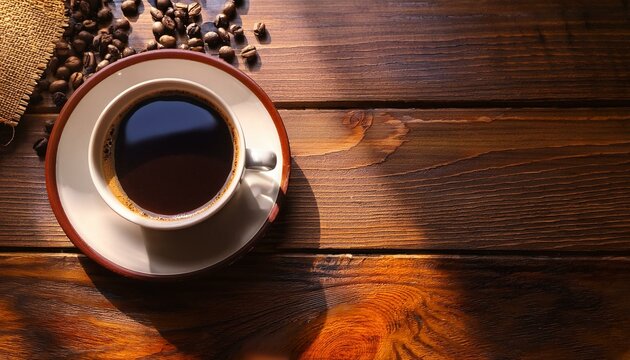 Cup of freshly brewed java on wooden table, bathed in early sunlight, bird's eye view, open area for text