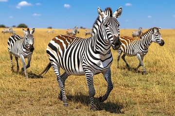 Obraz premium A herd of zebras running through the grasslands, their black-and-white stripes creating a stunning visual against the golden grasses