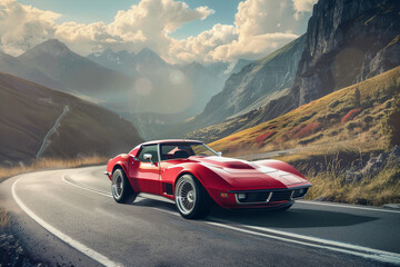 Naklejka premium A red sports car is driving down a mountain road