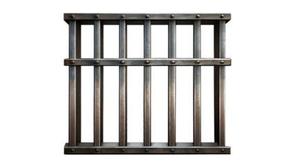 Prison bars set against a transparent background. A steel or iron jail cell with a security lock grid, representing law, justice, punishment for crime, freedom, escape, guilt, and arrest.