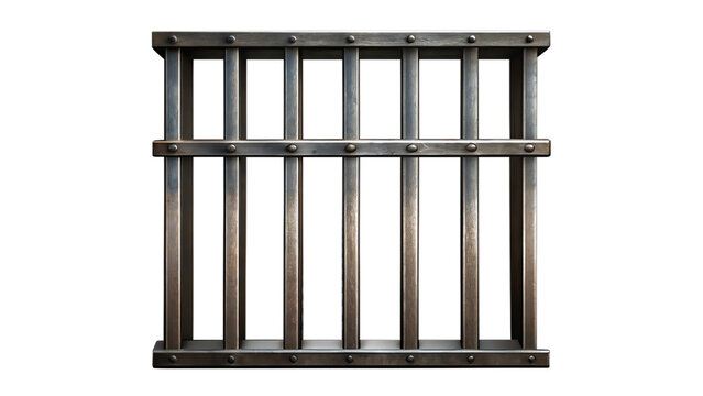 Prison bars set against a transparent background. A steel or iron jail cell with a security lock grid, representing law, justice, punishment for crime, freedom, escape, guilt, and arrest.