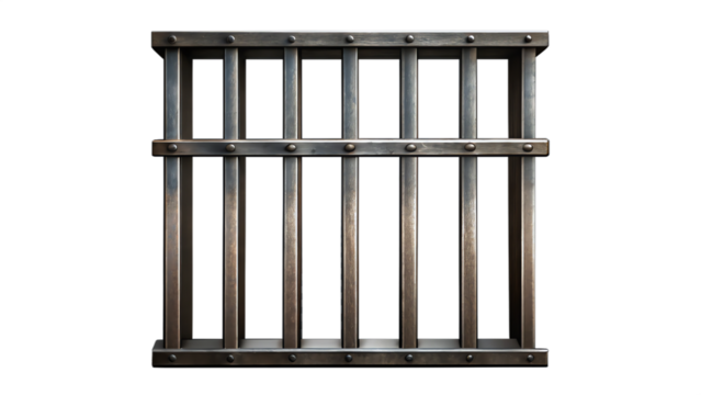 Prison bars set against a transparent background. A steel or iron jail cell with a security lock grid, representing law, justice, punishment for crime, freedom, escape, guilt, and arrest.