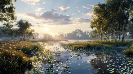 Serene Sunset Over Water Lily Pond with Lush Green Trees