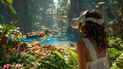 Woman Exploring Virtual Reality Tropical Rainforest Environment